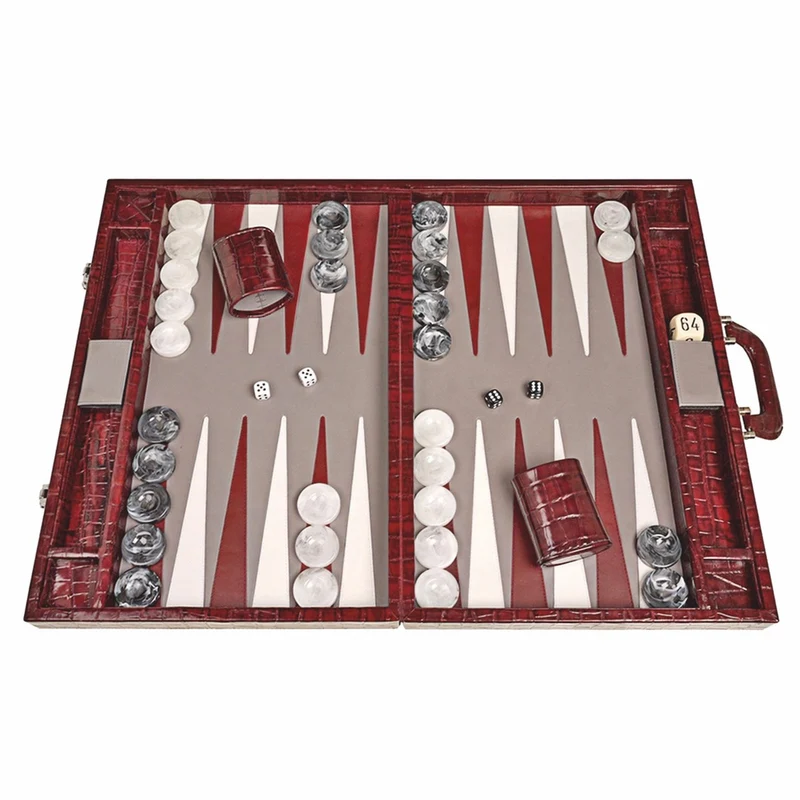 Casa Padrino Luxus Echtleder Backgammon Aktenkoffer Bordeauxrot Kroko Optik - Luxus Accessoires