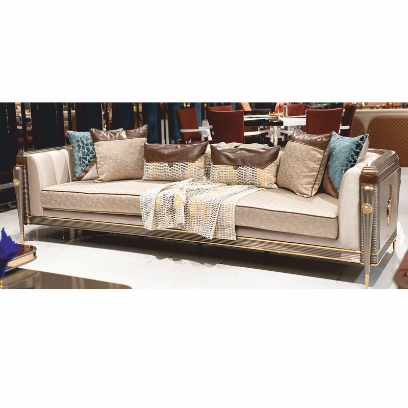 Casa Padrino Luxus Sofa Grau / Braun / Gold 280 cm - Wohnzimmer & Hotel Möbel