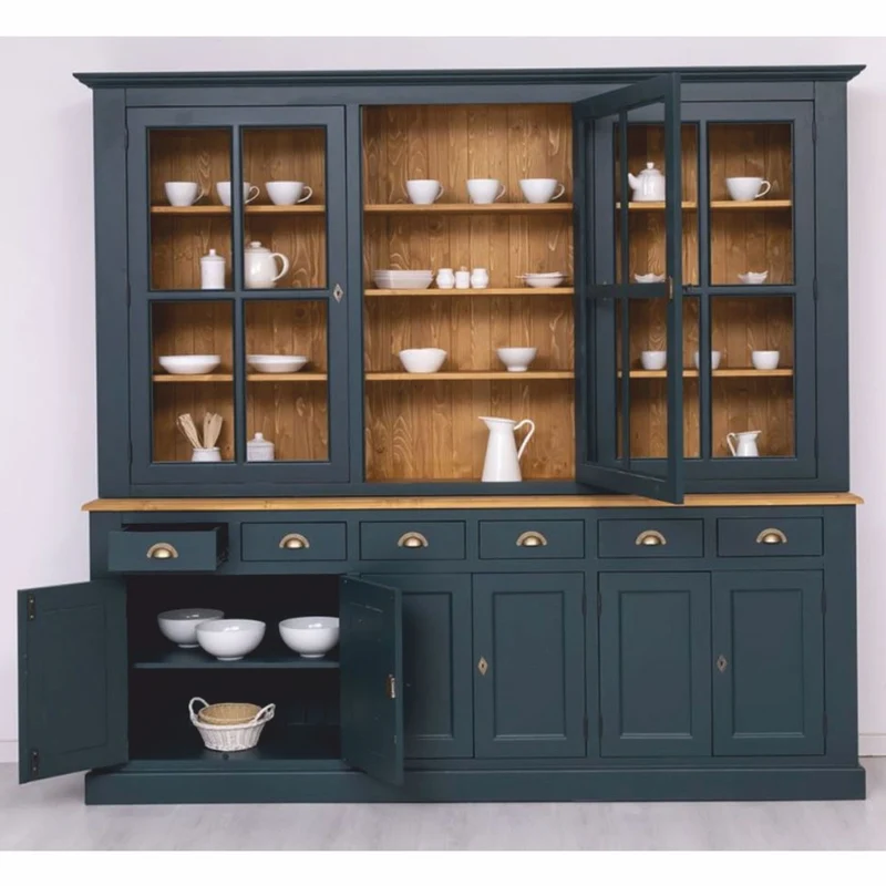 Casa Padrino Landhausstil Esszimmer Schrank Dunkelblau / Naturfarben 245 cm - Esszimmer Möbel