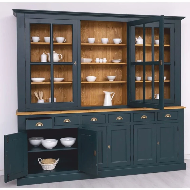 Casa Padrino Landhausstil Esszimmer Schrank Dunkelblau / Naturfarben 245 cm - Esszimmer Möbel
