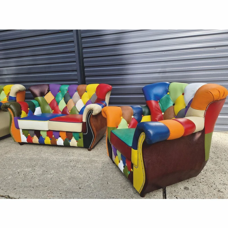 Casa Padrino Luxus Chesterfield Leder Wohnzimmer Set Bunt / Dunkelbraun - Patchwork Echtleder Möbel