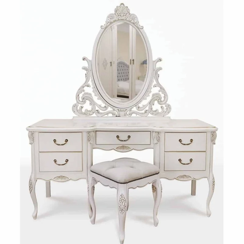 Casa Padrino Luxus Barock Schminktisch Set Weiß / Hellgrau - Barock Schlafzimmer Möbel