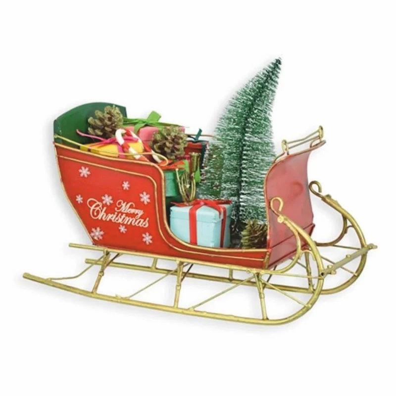 Casa Padrino Deko Blech Weihnachts Schlitten Rot / Grün / Gold 30 cm - Weihnachts Deko