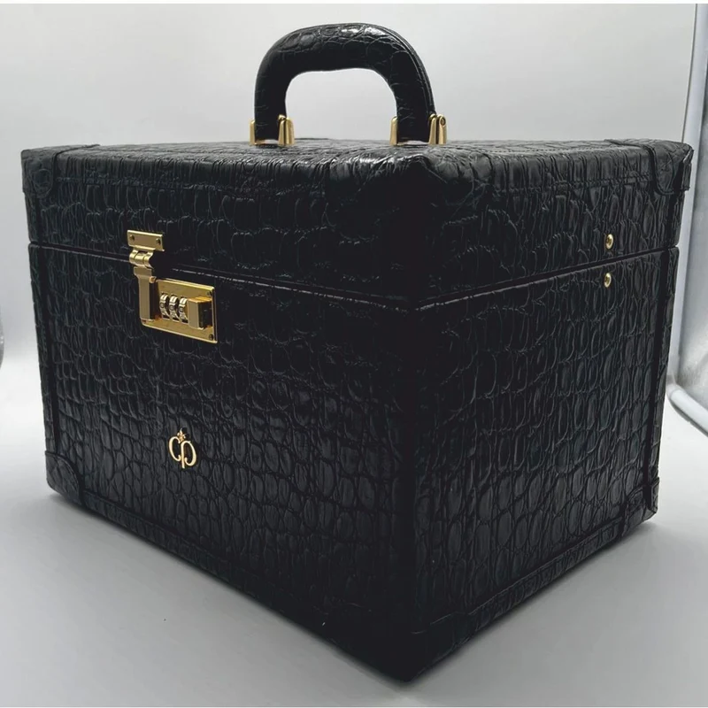 Casa Padrino Luxus Echtleder Schminkkoffer Schwarz / Gold 28 x 16 x H. 16 cm