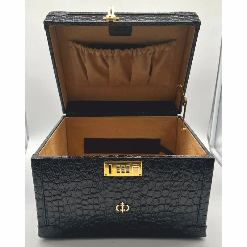 Casa Padrino Luxus Echtleder Schminkkoffer Schwarz / Gold 28 x 16 x H. 16 cm