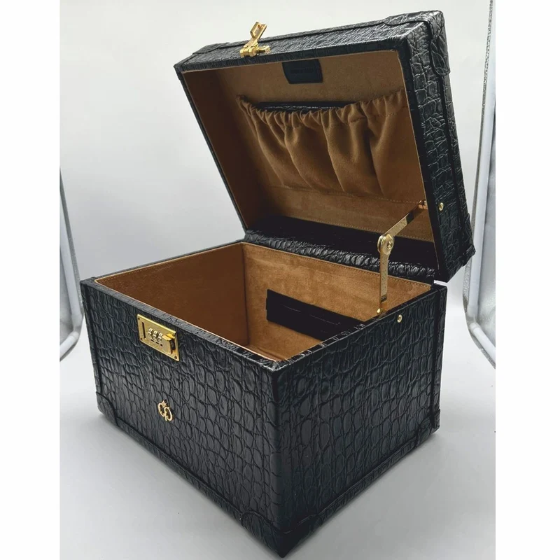 Casa Padrino Luxus Echtleder Schminkkoffer Schwarz / Gold 28 x 16 x H. 16 cm