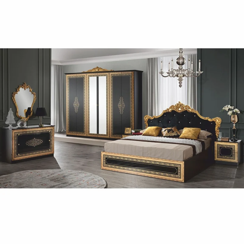 Casa Padrino Luxus Barock Doppelbett mit Glitzersteinen Schwarz / Gold - Barockstil Schlafzimmer Möbel