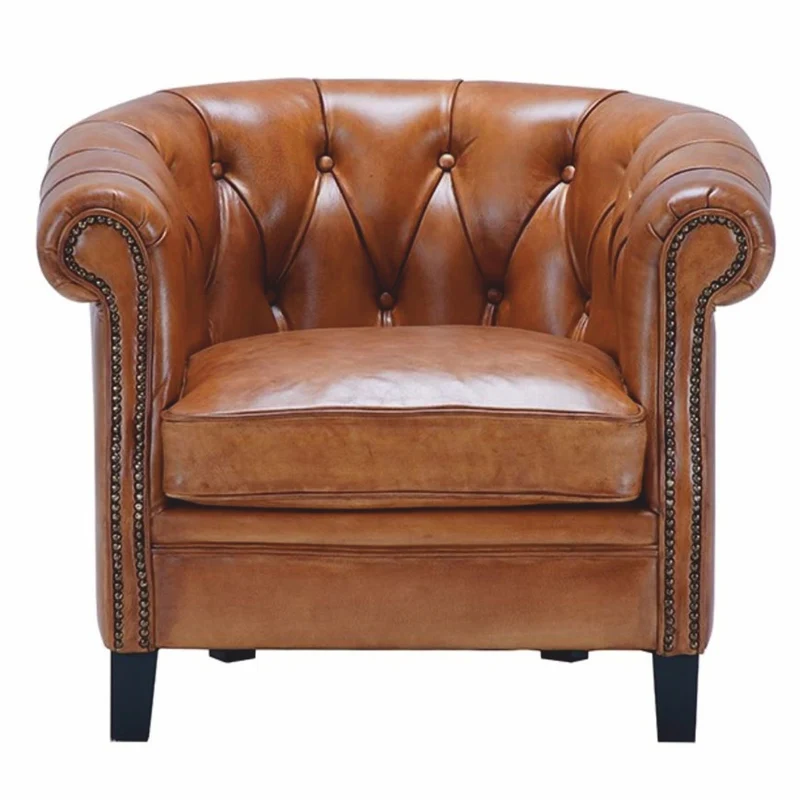 Casa Padrino Luxus Chesterfield Echtleder Sessel Hellbraun / Schwarz - Echtleder Möbel