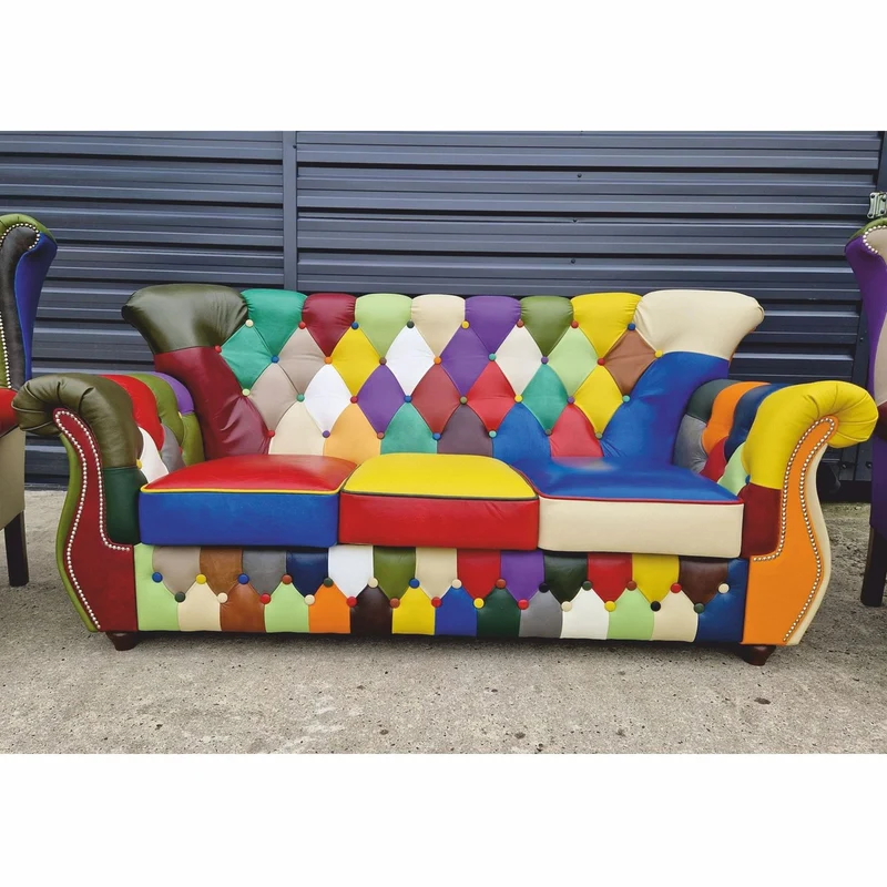 Casa Padrino Luxus Chesterfield Leder 3er Sofa Bunt / Dunkelbraun 200 cm - Patchwork Echtleder Möbel