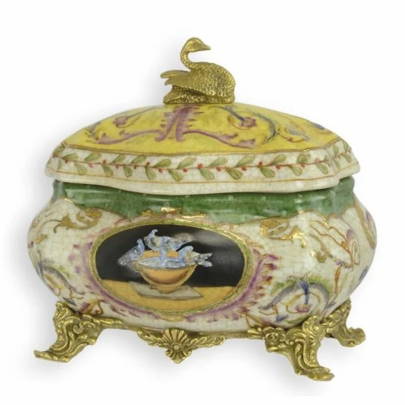 Casa Padrino Barock Porzellan Teedose Bunt / Messing H. 17 cm - Deko Accessoires