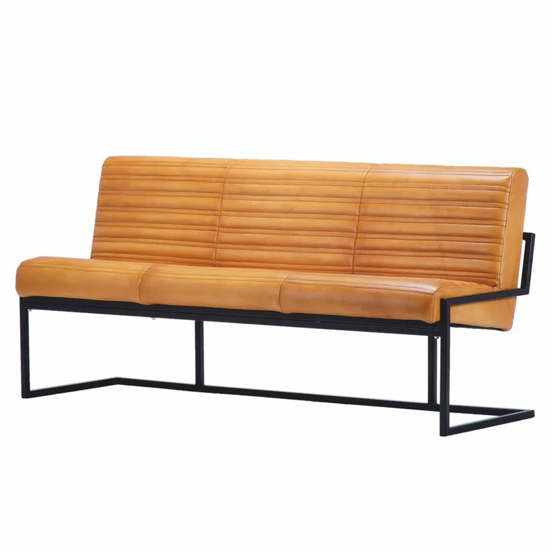 Casa Padrino Luxus Echtleder Sitzbank Hellbraun / Schwarz 200 cm - Echtleder Möbel