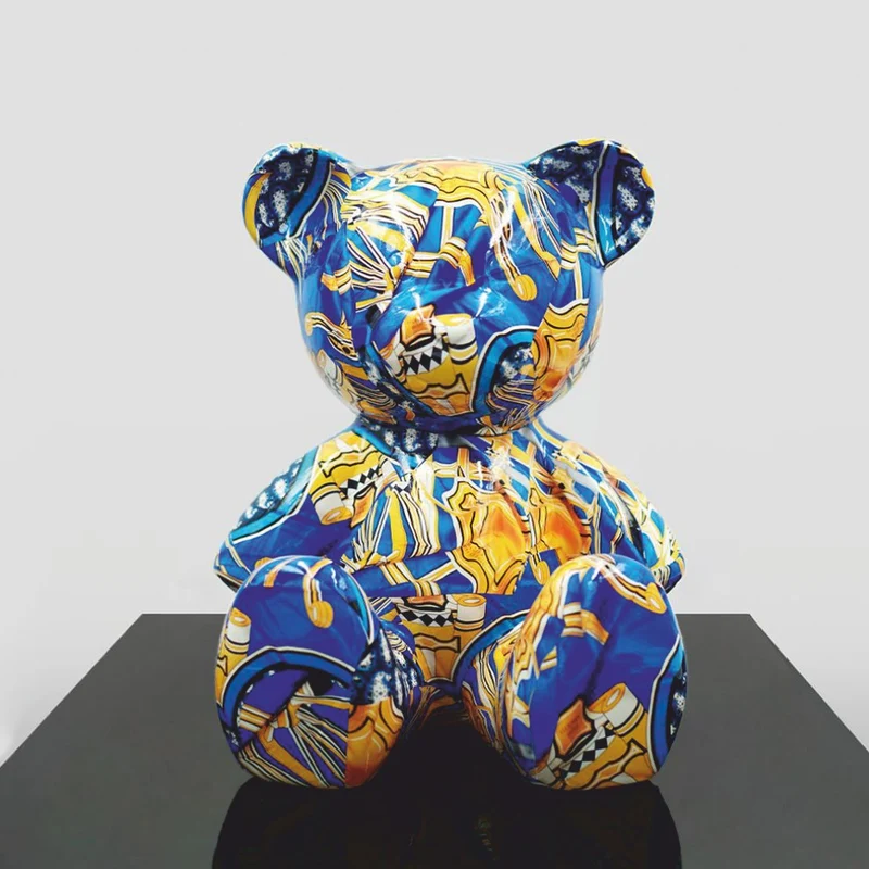 Casa Padrino Luxus Deko Figur Teddybär Blau / Gelb H. 35 cm - Deko Figuren