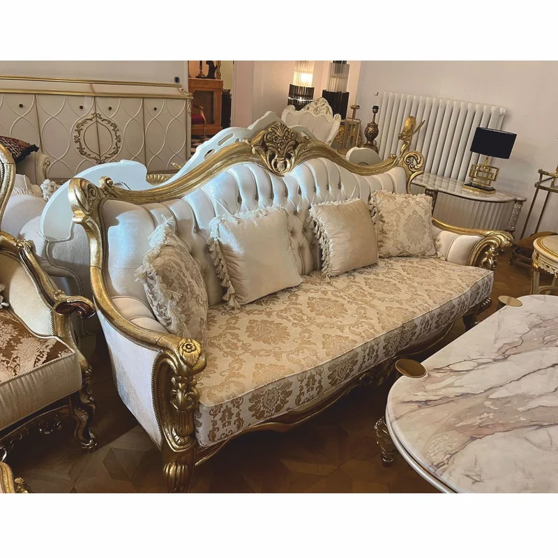 Casa Padrino Luxus Barock Wohnzimmer Sofa Creme / Gold 220 cm - Barock Möbel