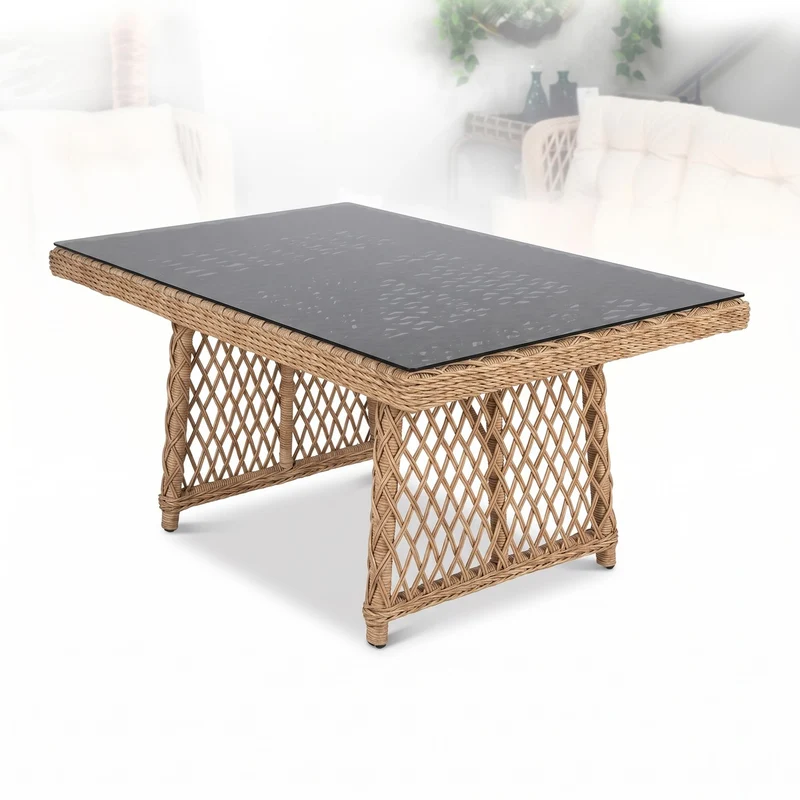 Casa Padrino Luxus Rattan Garten Esstisch mit Glasplatte Naturfarben / Grau 200 cm