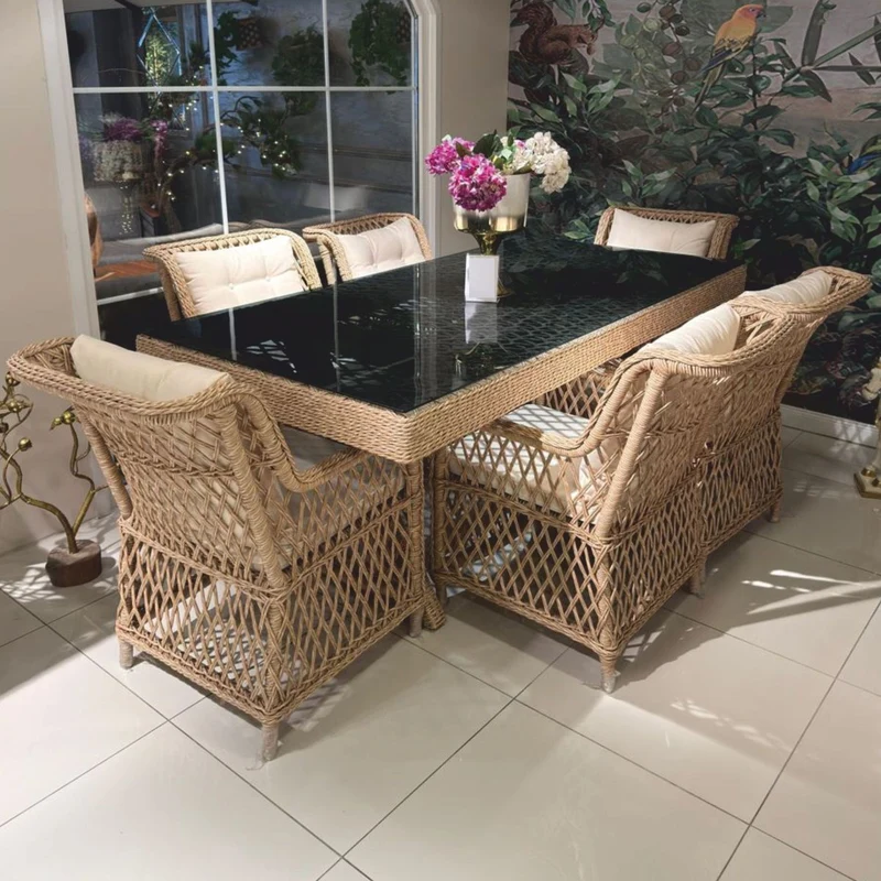 Casa Padrino Luxus Rattan Garten Esstisch mit Glasplatte Naturfarben / Grau 200 cm