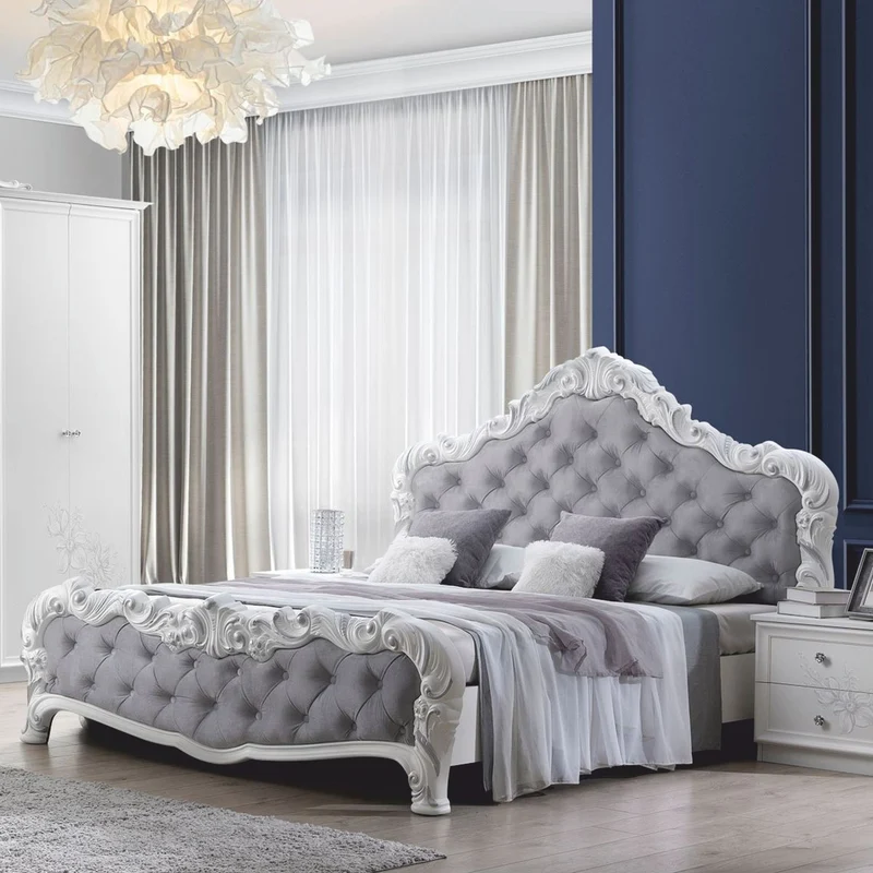 Casa Padrino Luxus Barock Doppelbett Grau / Weiß - Barock Schlafzimmer Möbel