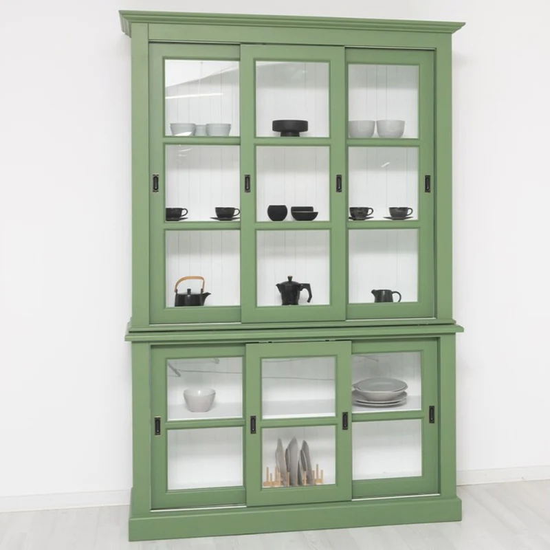 Casa Padrino Landhausstil Vitrine mit 6 Schiebetüren Grün / Weiß 151 x 47 x H. 220 cm