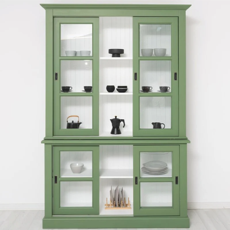 Casa Padrino Landhausstil Vitrine mit 6 Schiebetüren Grün / Weiß 151 x 47 x H. 220 cm