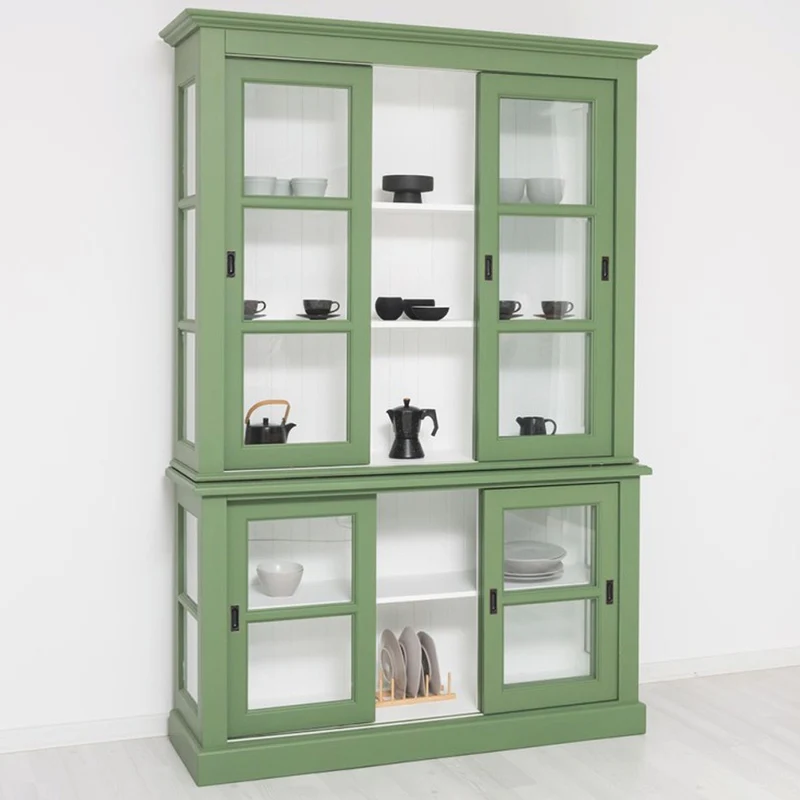 Casa Padrino Landhausstil Vitrine mit 6 Schiebetüren Grün / Weiß 151 x 47 x H. 220 cm