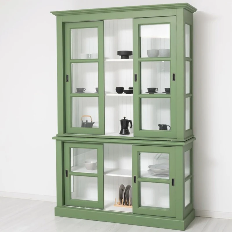 Casa Padrino Landhausstil Vitrine mit 6 Schiebetüren Grün / Weiß 151 x 47 x H. 220 cm