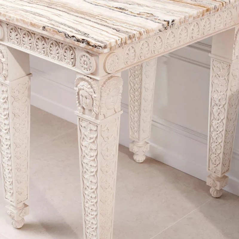 Casa Padrino Luxus Barock Mahagoni Konsole mit Marmorplatte Antik Weiß / Weiß 214 cm