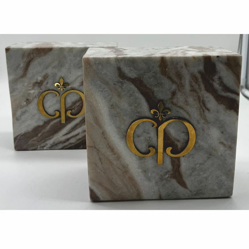 Casa Padrino Luxus Marmor Deko Buchstützen Set Grau-Braun / Gold