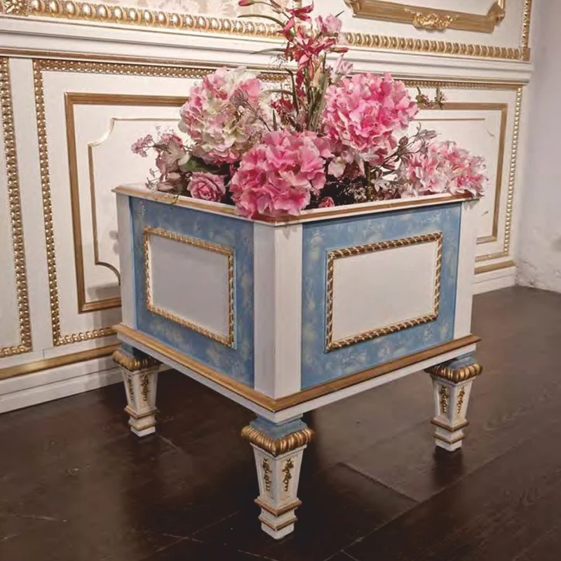 Casa Padrino Luxus Barock Blumentopf Hellblau / Weiß / Gold H. 54 cm - Made in Italy