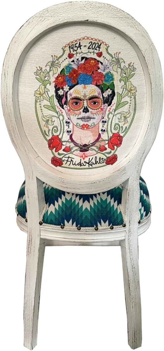 Frida Kahlo by Casa Padrino Luxus Barock Esszimmer Stuhl Grün / Weiß / Bunt / Antik Weiß