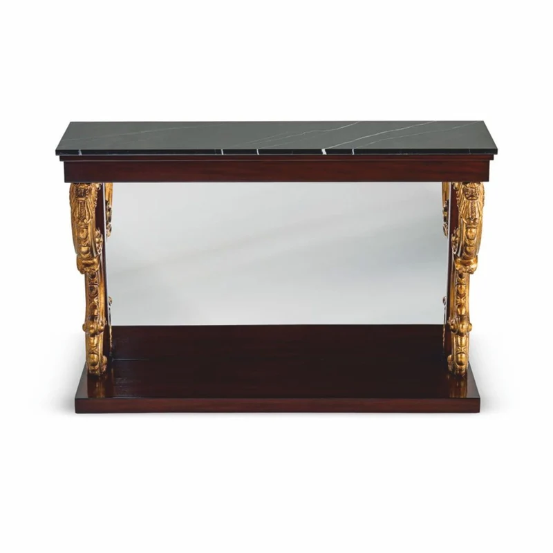 Casa Padrino Luxus Barock Konsole mit Spiegel und Marmorplatte Dunkelbraun / Antik Gold / Schwarz 130 cm