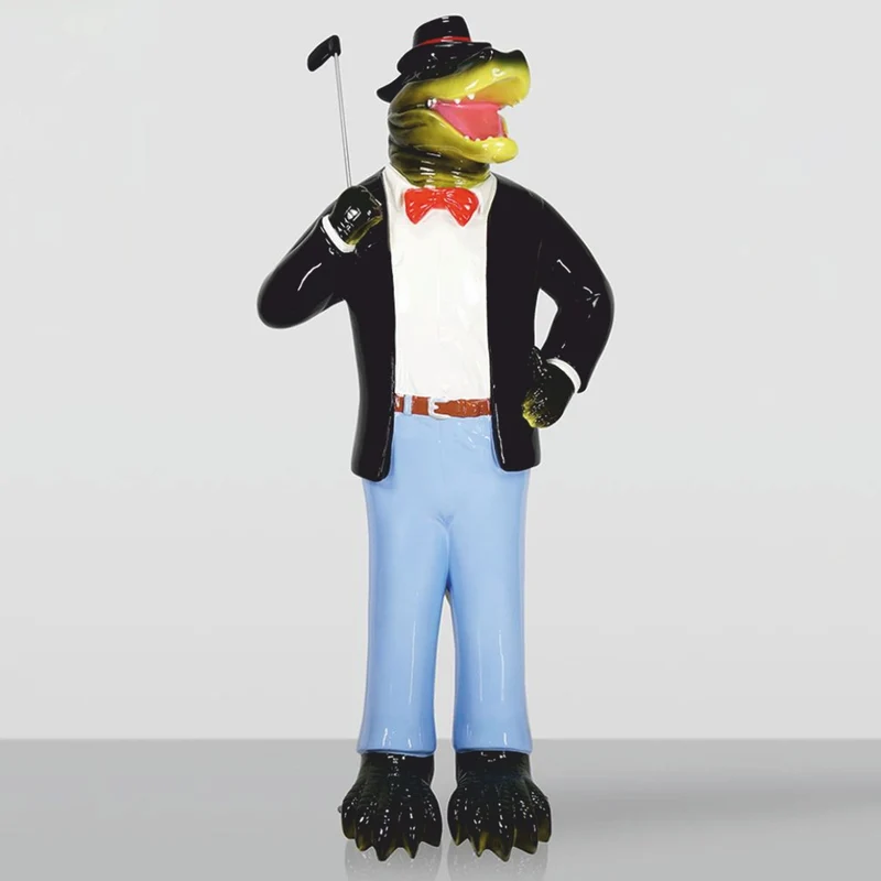 Casa Padrino XXL Deko Skulptur Krokodil mit Anzug und Golfschläger Bunt H. 172 cm