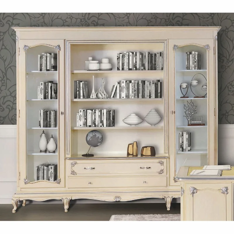 Casa Padrino Luxus Barock Bücherschrank Creme / Silber 250 cm - Made in Italy