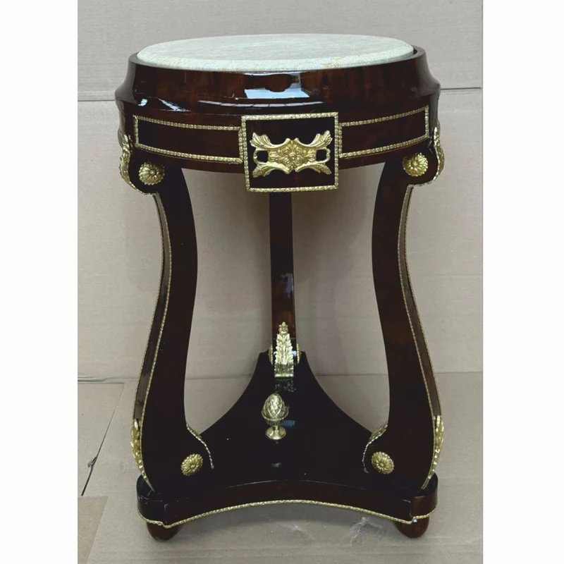 Casa Padrino Barock Beistelltisch mit Marmorplatte Dunkelbraun / Gold / Grau H. 73 cm
