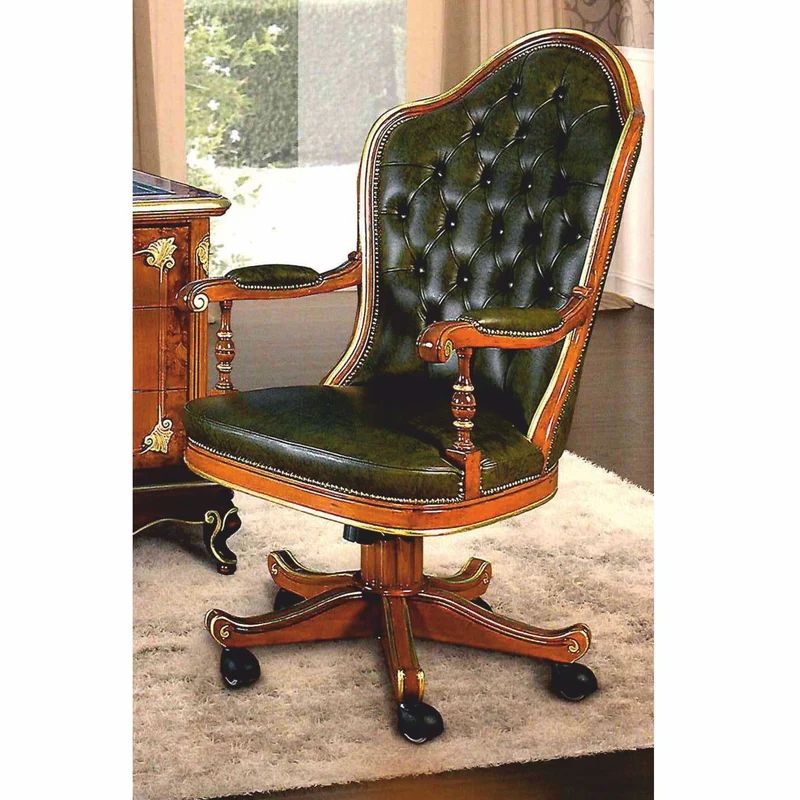 Casa Padrino Luxus Barock Chesterfield Leder Schreibtischstuhl Grün / Braun / Gold - Made in Italy