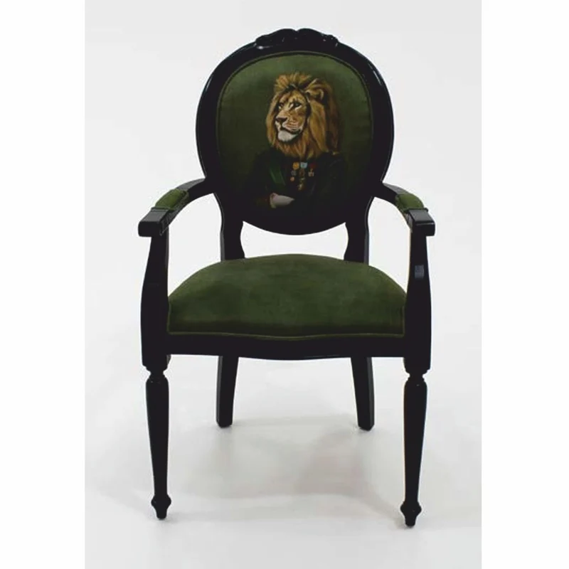 Casa Padrino Luxus Barock Samt Esszimmer Stuhl mit Armlehnen Offizier Löwe Grün / Schwarz