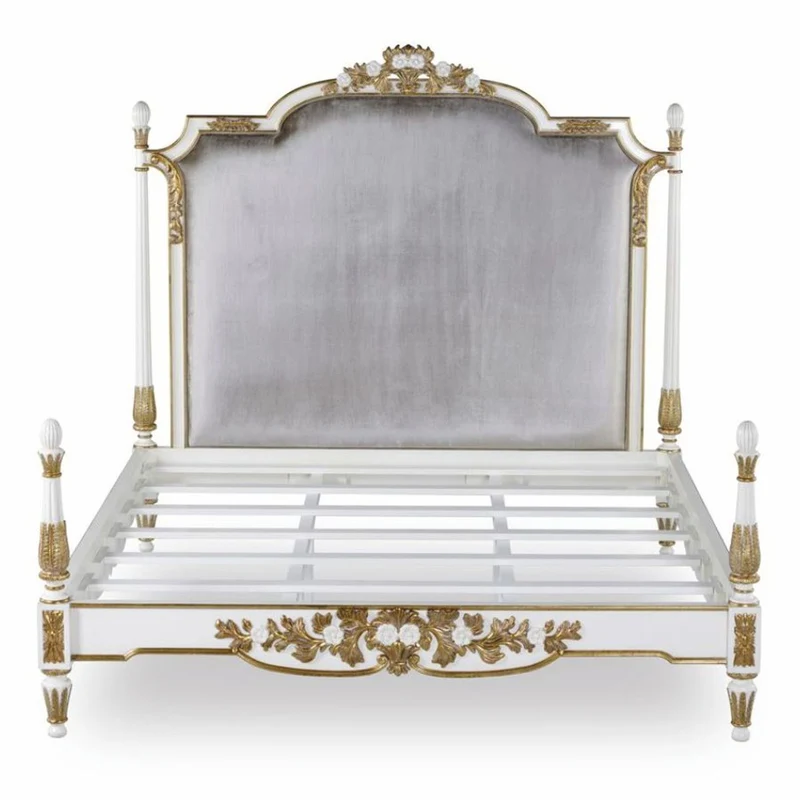 Casa Padrino Luxus Barock Doppelbett Weiß / Gold / Silbergrau - Barockstil Schlafzimmer Möbel
