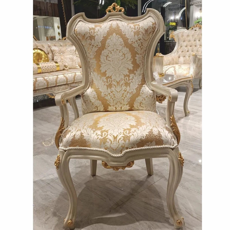 Casa Padrino Luxus Barock Esszimmer Stuhl mit Armlehnen Gold / Weiß / Grau / Gold H. 110 cm - Barock Möbel