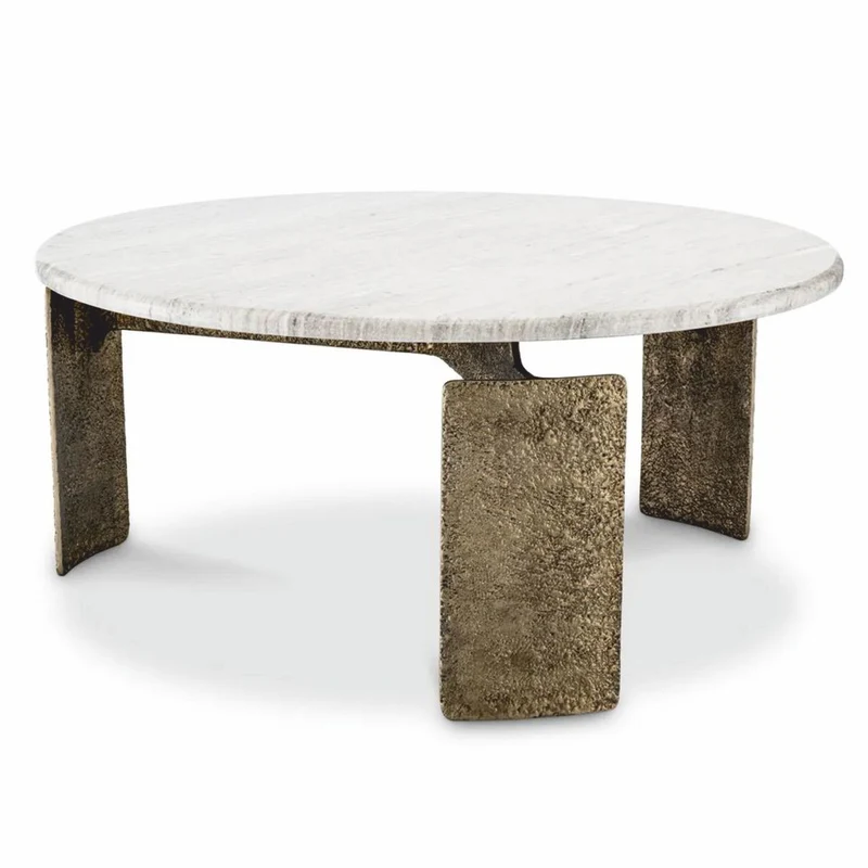 Casa Padrino Luxus Couchtisch mit Marmorplatte Antik Messing / Beige Ø 100 cm