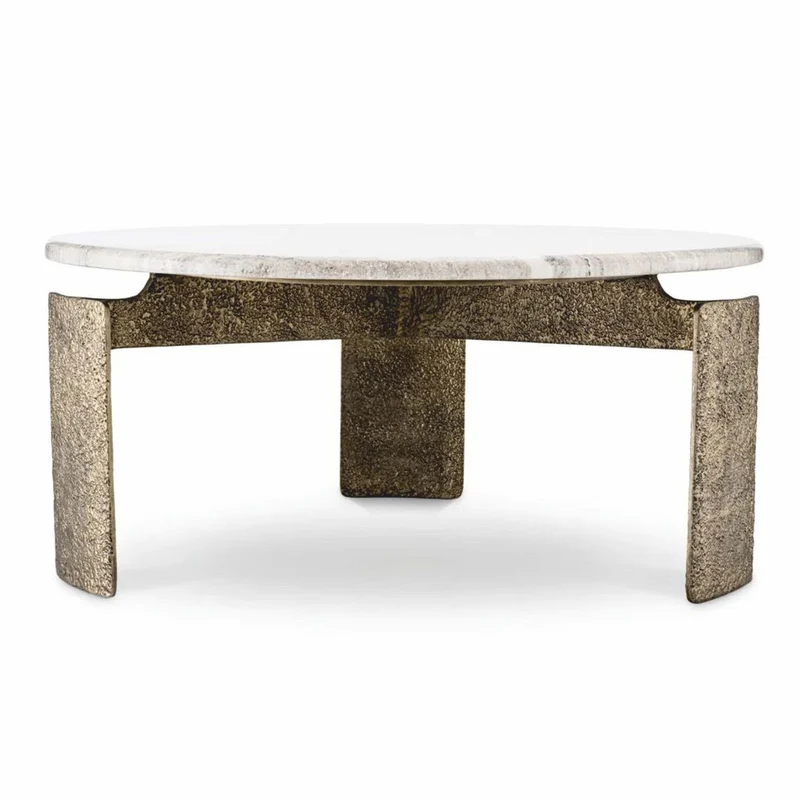 Casa Padrino Luxus Couchtisch mit Marmorplatte Antik Messing / Beige Ø 100 cm