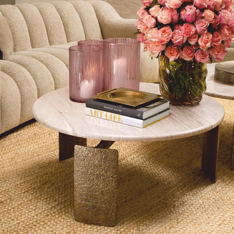 Casa Padrino Luxus Couchtisch mit Marmorplatte Antik Messing / Beige Ø 100 cm