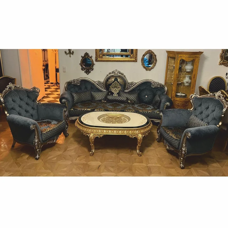 Casa Padrino Luxus Barock Wohnzimmer Möbel Set Blau / Gold / Silber - Barockstil Möbel