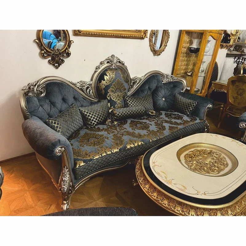 Casa Padrino Luxus Barock Wohnzimmer Möbel Set Blau / Gold / Silber - Barockstil Möbel