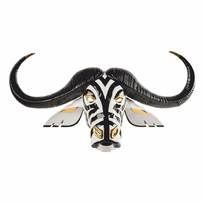 Casa Padrino Luxus Porzellan Deko Maske Büffel Weiß / Schwarz / Gold 67 x 22 x H. 36 cm