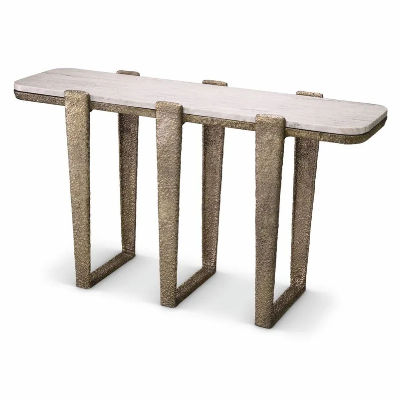 Casa Padrino Luxus Aluminium Konsole mit Marmorplatte Antik Messing / Beige 140 cm