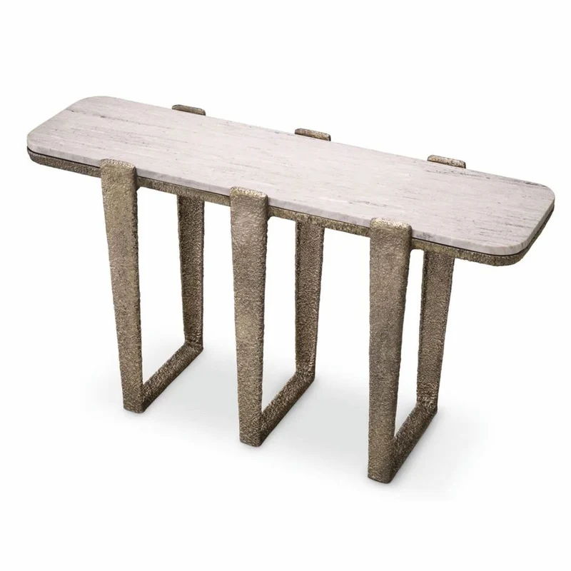 Casa Padrino Luxus Aluminium Konsole mit Marmorplatte Antik Messing / Beige 140 cm
