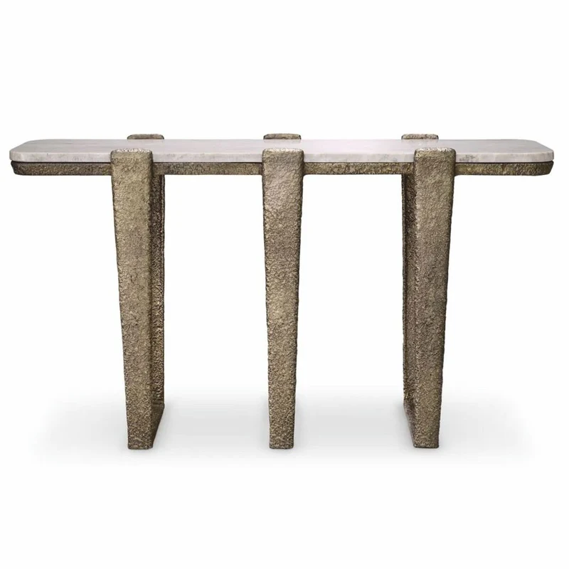 Casa Padrino Luxus Aluminium Konsole mit Marmorplatte Antik Messing / Beige 140 cm