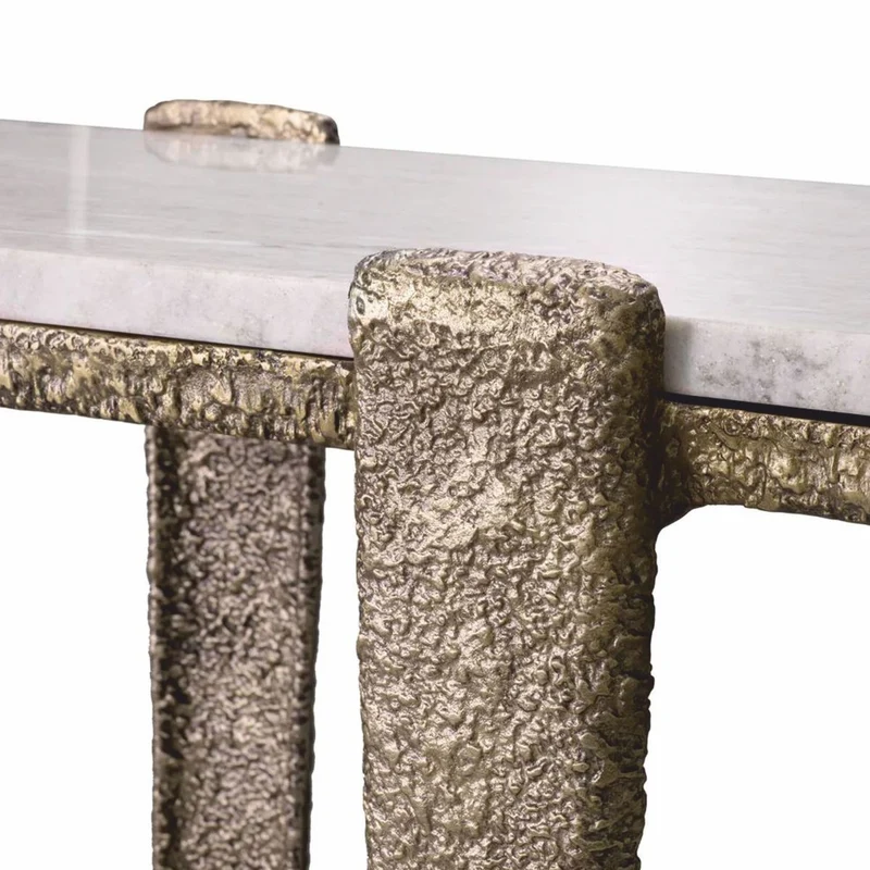 Casa Padrino Luxus Aluminium Konsole mit Marmorplatte Antik Messing / Beige 140 cm