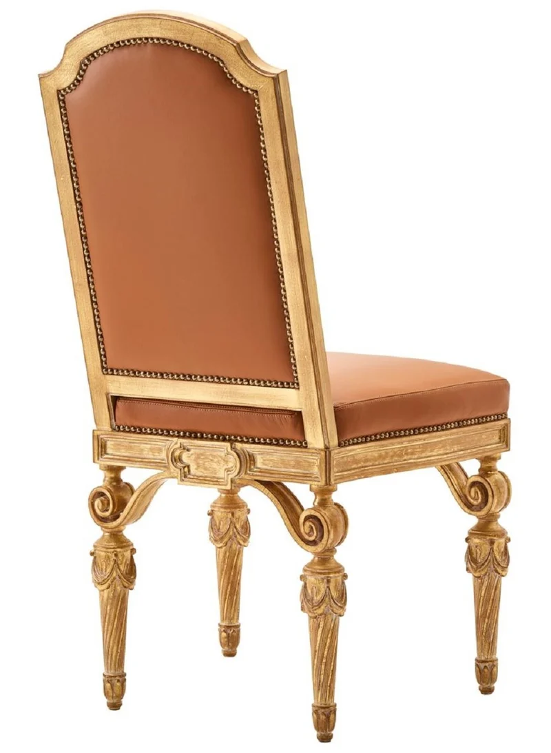 Casa Padrino Luxus Barock Echtleder Esszimmer Stuhl Braun / Naturfarben - Barock Möbel - Made in Italy