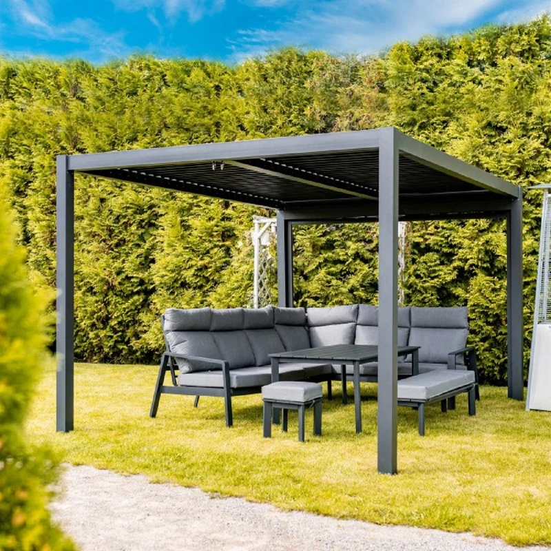 Casa Padrino Luxus Garten Möbel Set Grau - 1 Tisch & 1 Ecksofa & 1 Sitzbank & 1 Hocker