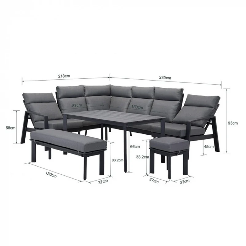 Casa Padrino Luxus Garten Möbel Set Grau - 1 Tisch & 1 Ecksofa & 1 Sitzbank & 1 Hocker