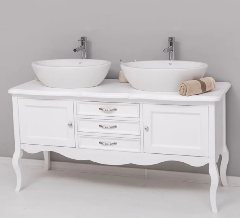 Casa Padrino Landhausstil Massivholz Doppel Waschtisch Weiß 150 cm - Landhausstil Badezimmer Möbel